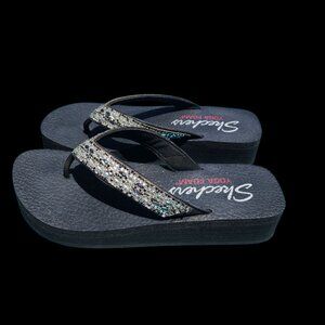 BLACK BLING SPARKLE SKECHERS YOGA FOAM PLATFORM FLIP FLOPS SIZE 8